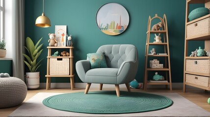Cozy composition of kid room interior with round shelf, gray desk, green armchair, blue wall, braided rug, plush toys, braided basket, block toys, and personal accessories. Home decor. Template.