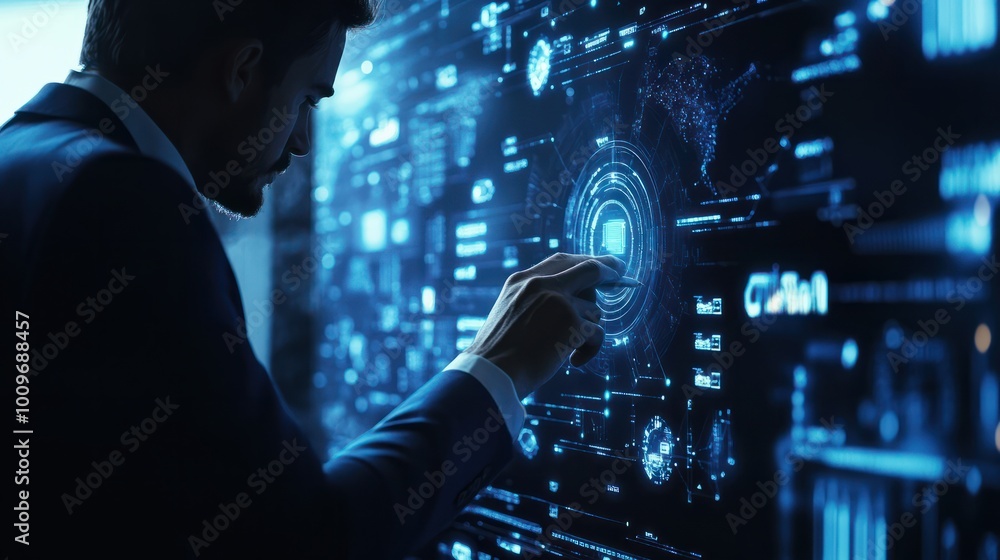 Poster businessman in blue suit working with digital vurtual screen. digital transformation conceptual for 