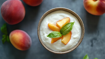 "Ceramic Bowl of Natural Yogurt Topped with Fresh Peach: Healthy Eating Inspiration"
