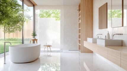 Fototapeta premium Spacious master bathroom with a walk in shower, a soaking tub, and dual vanities.