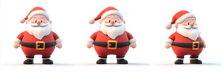 3D design of Santa Claus cartoon character in four different poses, white background, cute style