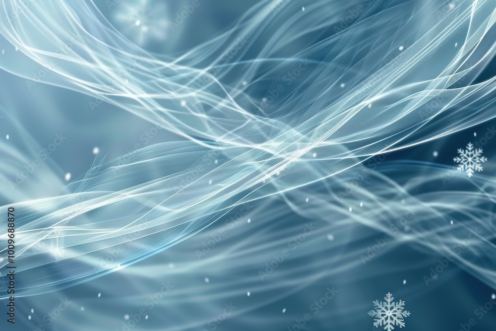 Poster abstract winter background with flowing silver lines and translucent snowflakes in motion