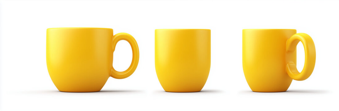 3d yellow coffee mug icon isolated on white background, front and side view, yellow cup of tea or milk with handle, vector illustration