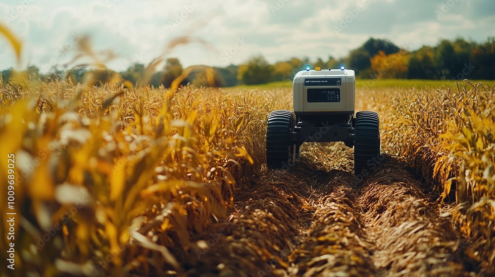 Poster smart farming automation, autonomous robot equipped with advanced sensors and ai technology, working