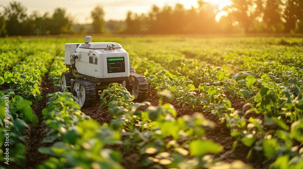 Poster smart farming automation, autonomous robot equipped with advanced sensors and ai technology, working