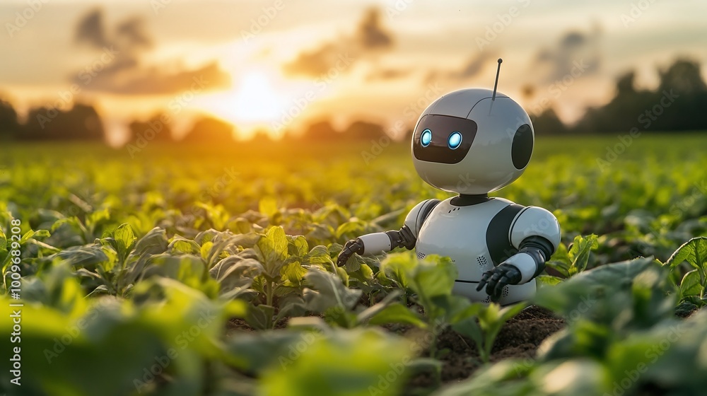 Poster smart farming automation, autonomous robot equipped with advanced sensors and ai technology, working