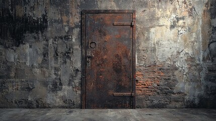   Rusted metal door in a dark room with a grungy wall and a brick floor