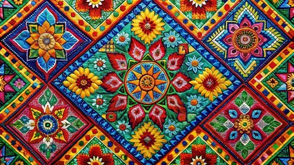 Vibrant Mexican Pattern Art Featuring Traditional Colors and Intricate Geometric Designs for Decor