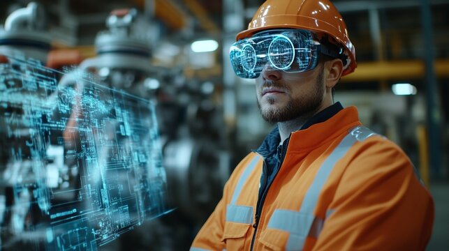 engineer using AR glasses with digital overlay instructions for complex machinery, showcasing the use of augmented reality in industry to simplify tasks and enhance productivity and efficiency