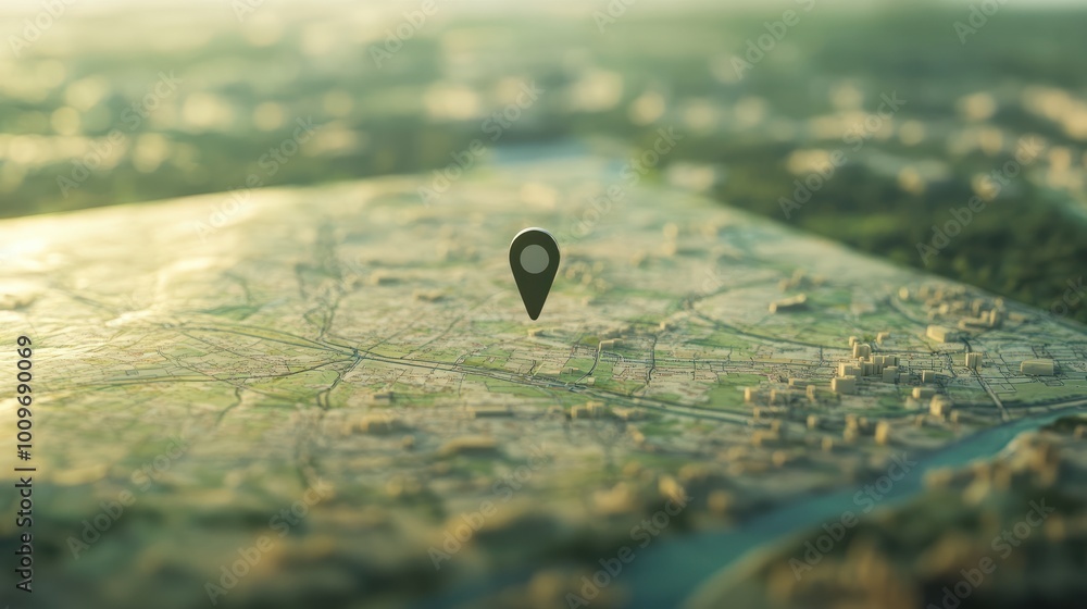Poster close-up view of a map with a single pin marking a specific location