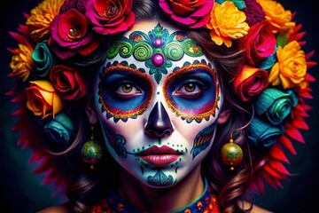 Vibrant Sugar Skull Makeup on a Beautiful Model Emphasizing Bold Colors and Intricate Designs