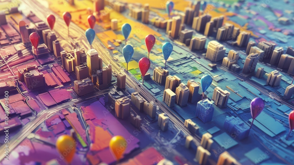Poster colorful map with multiple location pins representing different points of interest spread across a d