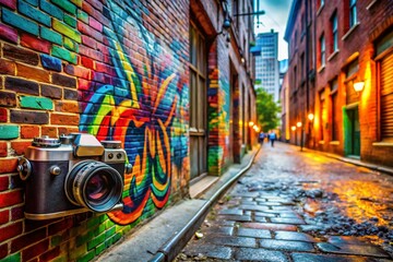 Fototapeta premium Vintage Urban Scene with Raffish Style Elements: Graffiti Wall, Old Brick, and Urban Antiques