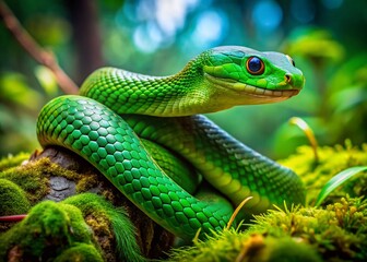 Obraz premium Vivid Green Snake in Natural Habitat of Georgia’s Lush Forest Environment and Wildlife Scene