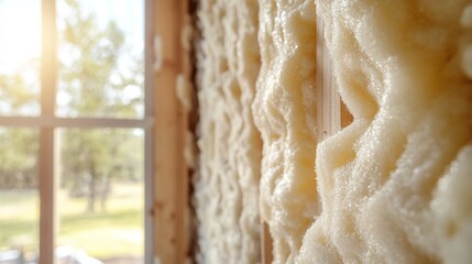 fiberglass insulation for better home energy efficiency and comfort, close-up of wall installation, soundproofing benefits, and maintaining indoor air quality in a sustainable way