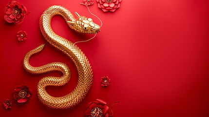 Golden snake symbol of the 2025 new year on a red background with copy space. Traditional elements of the Chinese New Year holiday minimalist style, leaving space for copy space