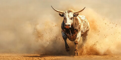 Dynamic Encounter: A Bull Charging Through Dusty Terrain in Stunning Motion