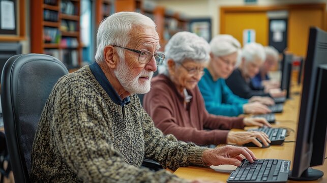 senior citizens gathered in a community center, participating in a digital literacy class to improve computer skills, embodying the essence of lifelong learning and active aging through technology