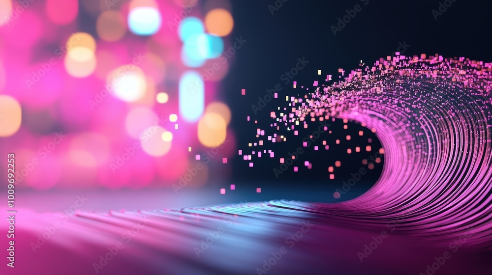 Poster a digital wave of data moving across a screen, with vibrant colors and dynamic patterns.