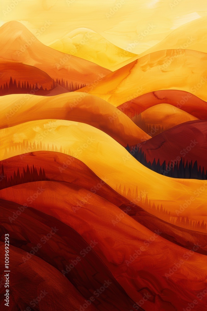 Poster abstract autumn landscape with flowing hills in soft gradient tones of golden yellow and deep red