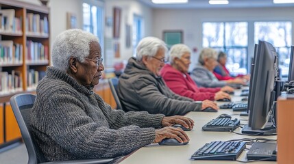 senior citizens gathered in a community center, participating in a digital literacy class to improve computer skills, embodying the essence of lifelong learning and active aging through technology