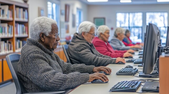 senior citizens gathered in a community center, participating in a digital literacy class to improve computer skills, embodying the essence of lifelong learning and active aging through technology