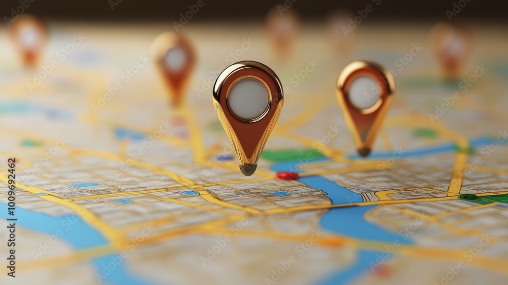 Poster digital hand set location on map with. pins. ai technology in gps