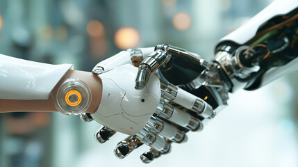 Human and robot shaking hands, symbolizing collaboration between technology, humanity, and modern prosthetics, highlighting advancements in bionics and artificial limbs. . Copy space available.