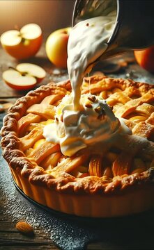 Creams are pouring on an apple pie from above