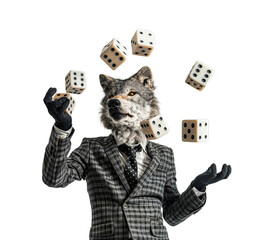 A wolf, dressed in a suit, is juggling dice, isolated on a transparent background.