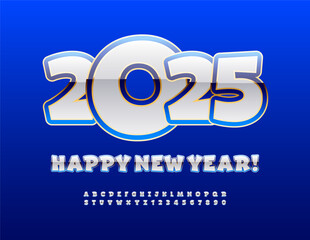 Vector bright Greeting Card Happy New Year 2025! Glossy White and Blue Font. Cartoon style Alphabet Letters and Numbers set.