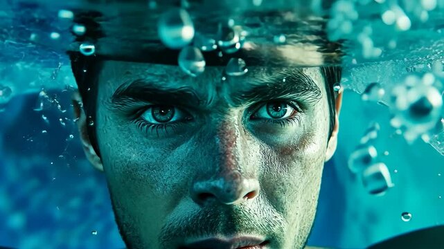 A young Caucasian man with intense eyes swims underwater during the day. The turquoise water and his strong gaze hint at determination and concentration. This scene evokes themes of perseverance,