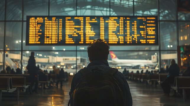 airport terminal scene featuring a weary traveler looking at delayed flights on a departure board representing travel stress and inconvenience caused by flight disruptions