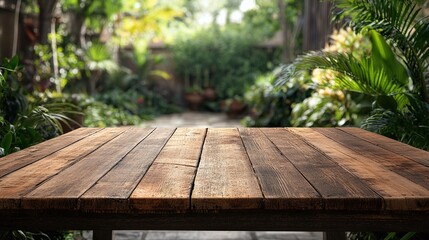 wooden tabletop set in a lush green backyard garden perfect for outdoor parties offering space for product display or event decor in a festive home garden environment