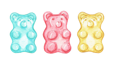 Set with three multicolored marmalade jelly bears candy isolated on white background. Watercolor hand drawn illustration
