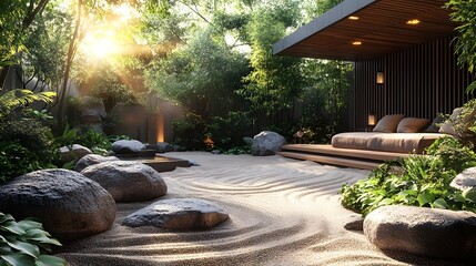 A serene, minimalist Zen garden featuring raked sand, smooth stones, and a small meditation space