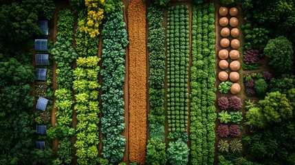  An overhead view of beautifully arranged, sustainable farming fields. Include clean patterns of crops, solar panels, and irrigation systems, emphasizing eco-friendly agriculture practices