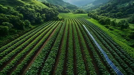  An overhead view of beautifully arranged, sustainable farming fields. Include clean patterns of crops, solar panels, and irrigation systems, emphasizing eco-friendly agriculture practices