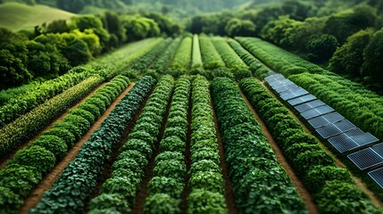  An overhead view of beautifully arranged, sustainable farming fields. Include clean patterns of crops, solar panels, and irrigation systems, emphasizing eco-friendly agriculture practices