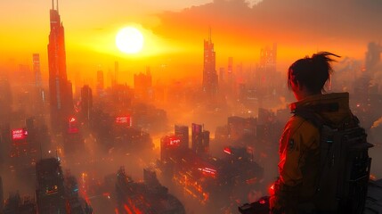 A futuristic cityscape with towering neon-lit buildings, mist rising from the streets, and a glowing sun just starting to rise, casting soft hues over the sprawling metropolis