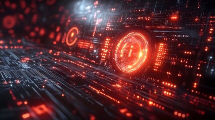 A sleek, modern graphic illustrating cybersecurity. Include glowing digital locks, a dark background with circuits and code, and a sense of protection and advanced technology