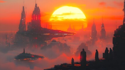 A futuristic cityscape with towering neon-lit buildings, mist rising from the streets, and a glowing sun just starting to rise, casting soft hues over the sprawling metropolis