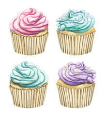 Set with four varied cupcakes isolated on white background. Watercolor hand drawn illustration