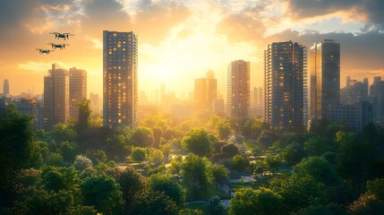 A highly advanced, eco-friendly cityscape with sleek, modern skyscrapers and lush green spaces throughout. Drones flying overhead, people walking in urban gardens