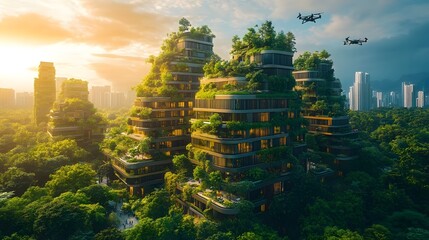 A highly advanced, eco-friendly cityscape with sleek, modern skyscrapers and lush green spaces throughout. Drones flying overhead, people walking in urban gardens