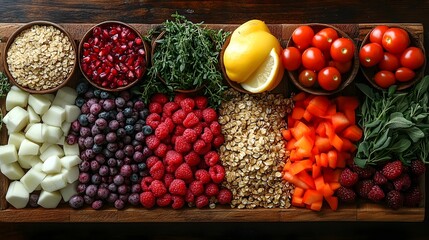 A vibrant overhead shot of a variety of fresh, healthy ingredients such as fruits, vegetables