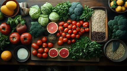 A vibrant overhead shot of a variety of fresh, healthy ingredients such as fruits, vegetables