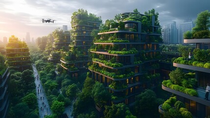 A highly advanced, eco-friendly cityscape with sleek, modern skyscrapers and lush green spaces throughout. Drones flying overhead, people walking in urban gardens