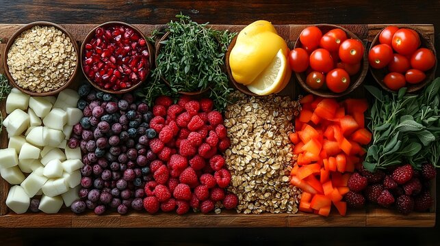 A vibrant overhead shot of a variety of fresh, healthy ingredients such as fruits, vegetables
