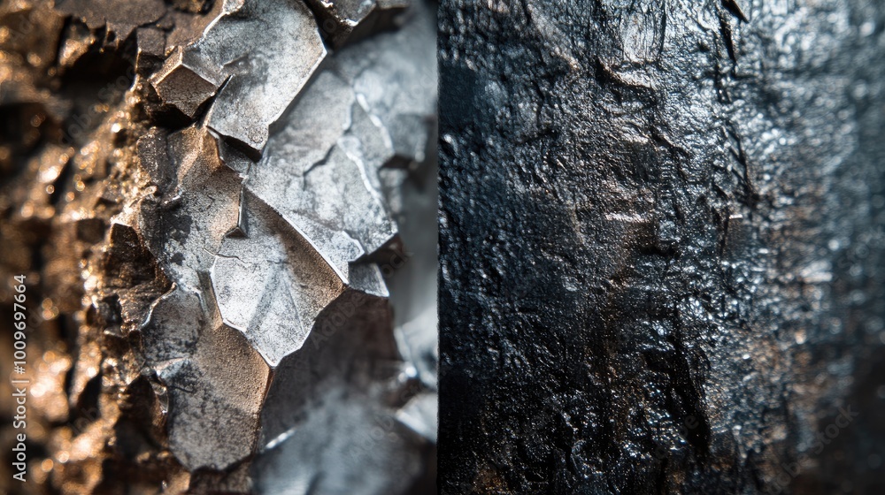 Poster close-up of metallic rock surface with rough texture and shimmering details